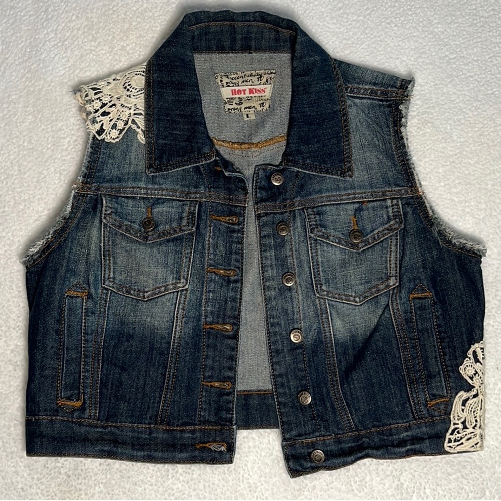 Hot Kiss Dark Blue Denim Vest with White Lace Accents